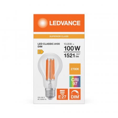 Ledvance E27 LED Lampe Classic dimmbar klar 13,8W wie 100W 2700K warmweißes Licht CRI97 sehr hohe Farbwiedergabe